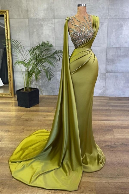 Charming Satin Sage Mermaid Evening Gown with Side Cape