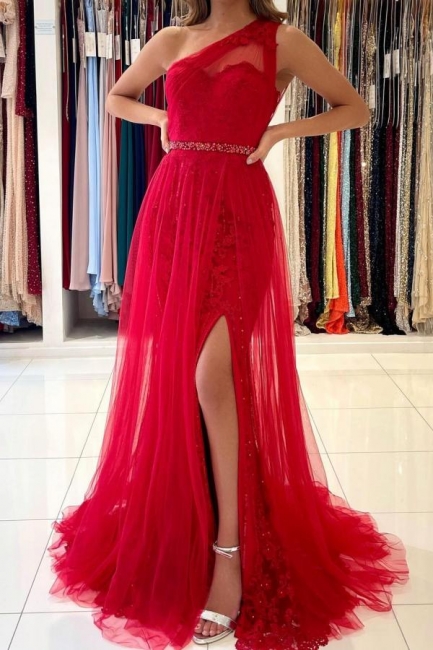 Charming One Shoulder Tulle Evening Prom Dress with detacable train side slit