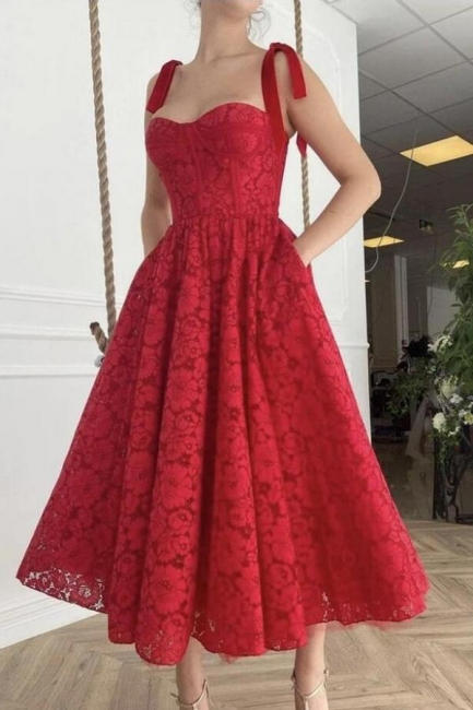 Sleeveless Square Neck Sweetheart Daily Casual Dress Red Anke Length Formal Dress