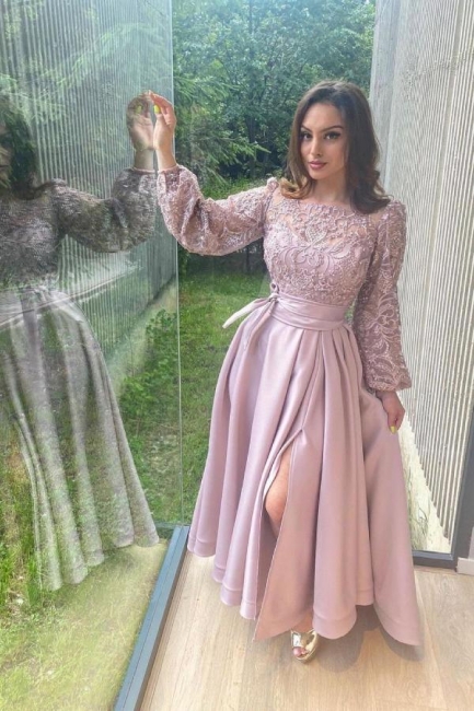 Stylish Long Sleeves Appliques Side Split Formal Dress