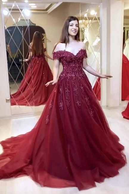 Burgundy Long Cheap A-line Off-the-shoulder Prom Dresses with Lace