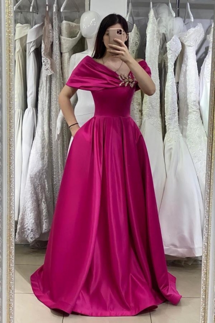 A-line Off-the-shoulder Floor-length Pockets Prom Dress With Crystal Embellishment