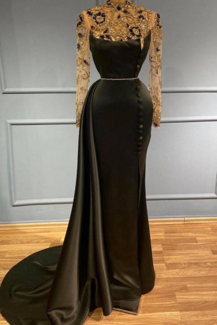 Black High Neck Long Sleeve Crystal Beading Appliques Mermaid Prom Dress With Split