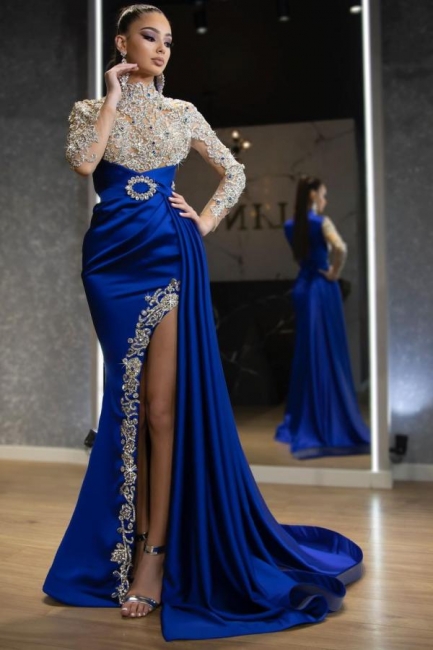 Luxury Royal Blue High Neck Crystal Appliques Satin Mermaid Long Sleeves Split Prom Dress
