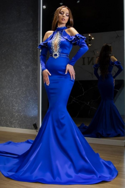 Unique Royal Blue High Neck Long Sleeve Crystal Party Dress Satin Mermaid Prom Dress