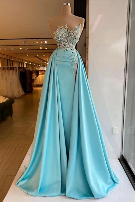 Sexy Blue Strapless A line Long Prom Dresses With Lace