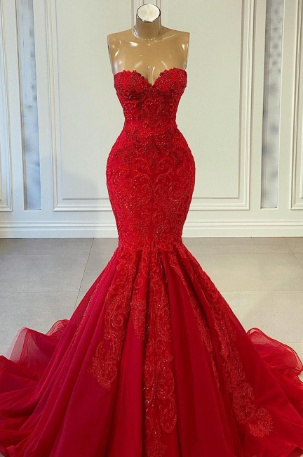 Exquisite Red Sequins Sweetheart Sleeveless Mermaid Prom Dresses