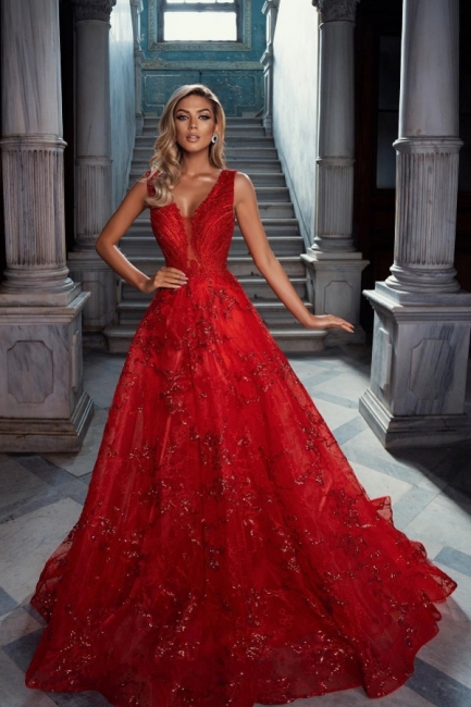 Vintage Red V-Neck Sleeveless A-Line Tulle Prom Dresses with Applique