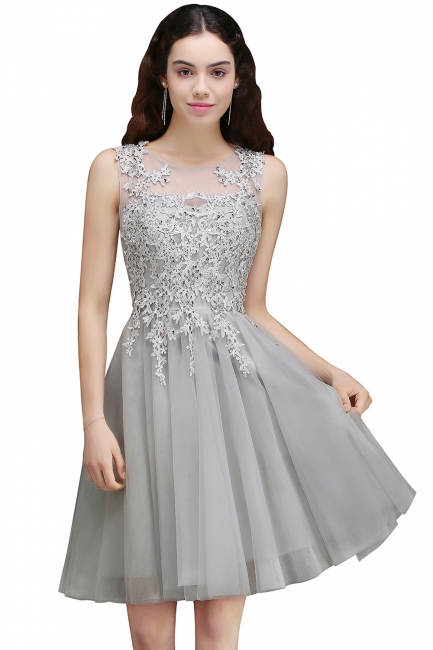 Appliques Tulle Sleeveless A-Line Silver Short Homecoming Dress