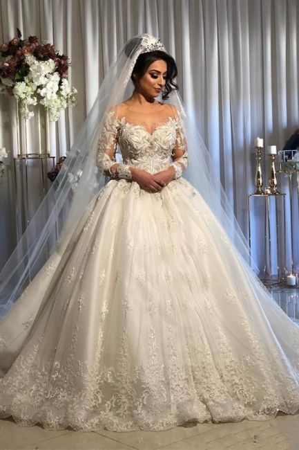 Gorgeous Long Sleeve Lace Ball Gown Wedding Dress With Off-the-Shoulder