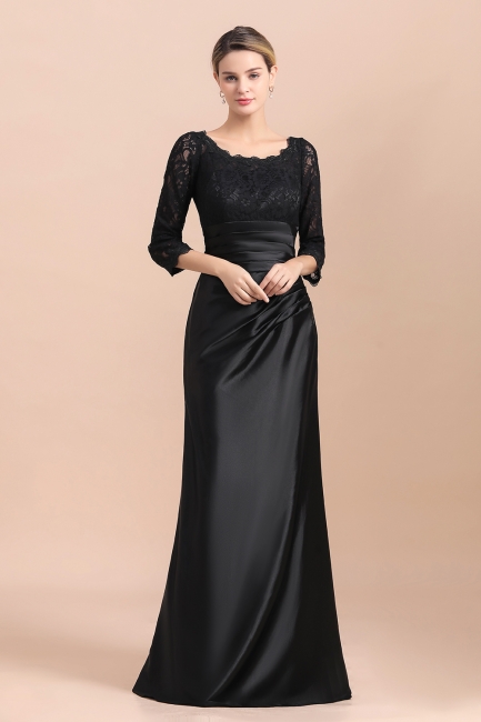 Elegant Round neck Black Satin High waist Lace Mother of Bride Dress