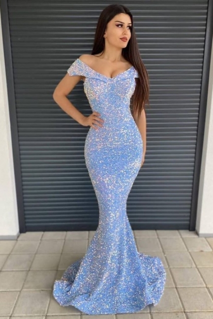 Off-the-Shoulder Sequins Prom Dress Long Mermaid Evening Party Gowns