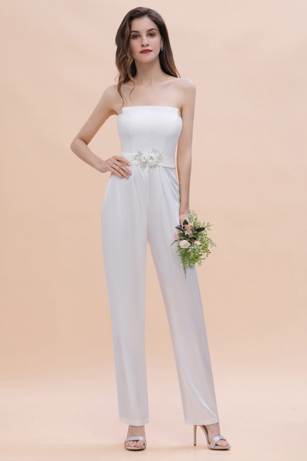 Fashion Strapless Satin Sleeveless Bridesmaid Jumpsuit with Beading Flowers On Sale