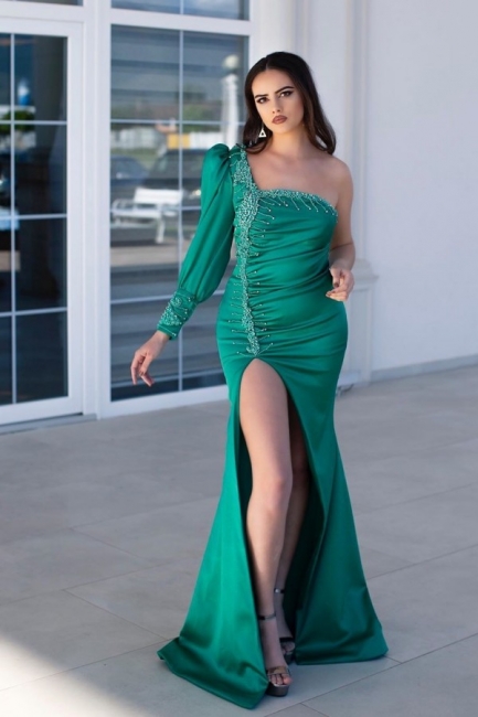 Classic Green Mermaid Prom Dress One Shoulder Evening Gowns With Slit