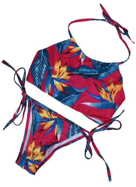 Floral Print Halter Wireless Padded Two Piece Bikini Set Swimwear