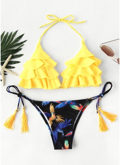 Hot Womens Bikini Set Ruffles Self-tie Tank tops Frill Beach Bathing Suit