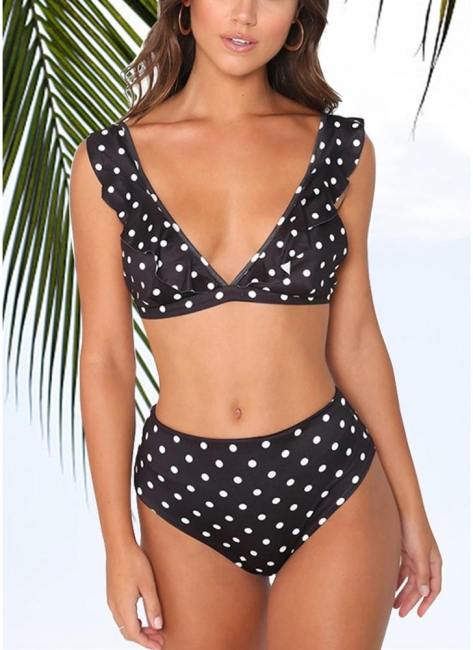 Polka dots Print Ruffled Push Up Bra High Waist Bottoms Bikini Set