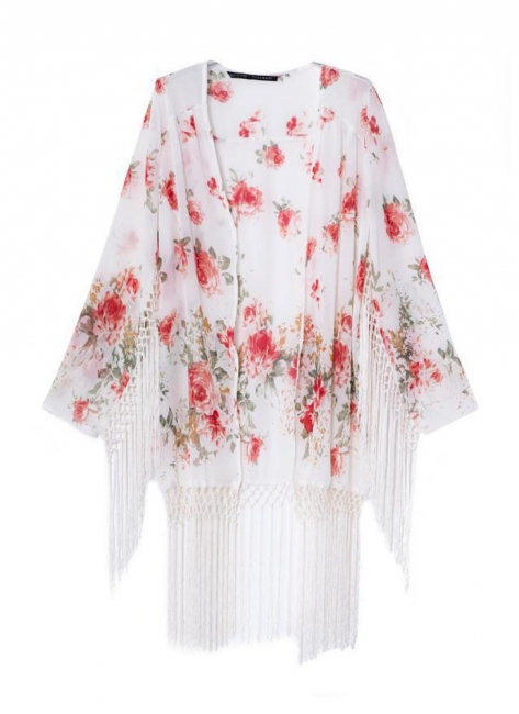 Fashion Floral Tassel Long Sleeve Chiffon Kimono