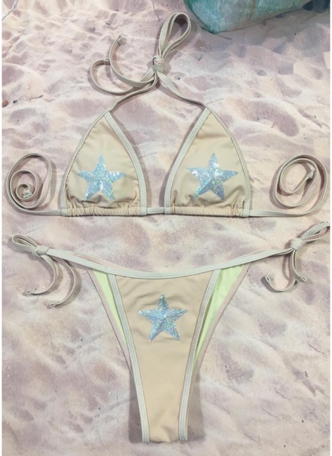 Womens Bikini Set Sequined Stars Tied Waist Padded Tank tops Swimsuit Bathing Suit