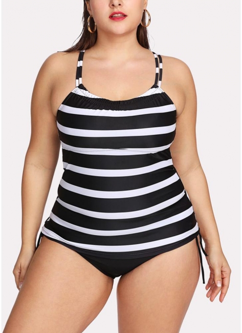 Plus Size Strappy Striped Solid Color Sleeveless Two Pieces