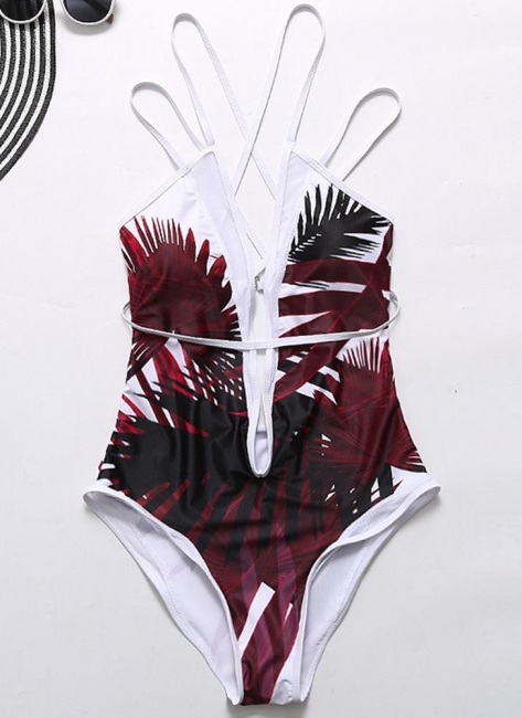Leaves Printed Plunge V Neck Crisscross Strappy One-piece Bathing Suit UK