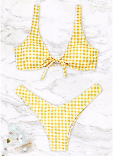 Women Gingham Bikini Set UK Knot Front High Leg