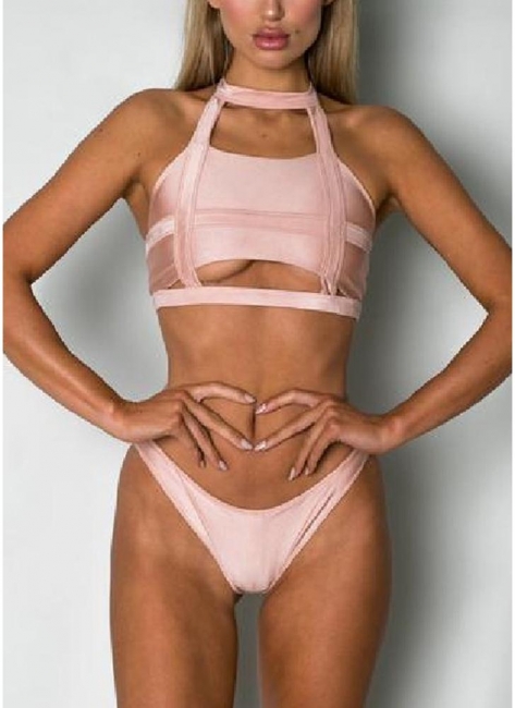 Choker Neck Hollow Bandage Padded Bikini Set