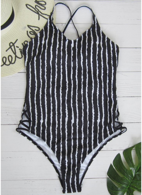 Striped Print V Neck Hollow Out Waist Cross Straps Padded Women Bathing Suit UK