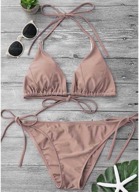 Solid Color Halter Bodycon Tie Bikini Set UK