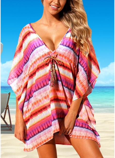 Women Beach Cover Up Dress Bohemian Geometric Print V-Neck Loose Swimsuits UK