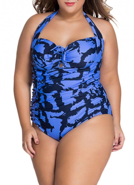 Print Plus Size Halter Tie Wireless Padded Monokini Swimsuit