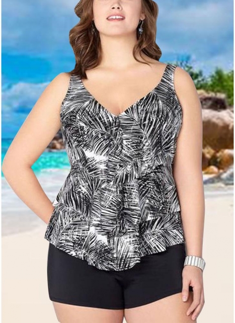 Modern Women Plus Size Palm Leaf Tankini Set Boyshorts Two-Piece Bathing Suits Swimwear