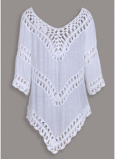 Women Beach Cover Ups Hollow Out Crocheted Lace Plunge V-neck Asymmetrical Hem