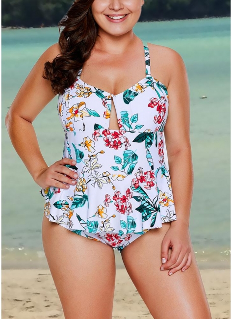 Modern Women Plus Size One Piece Swimsuit Floral Print Ruffles Hollow Out