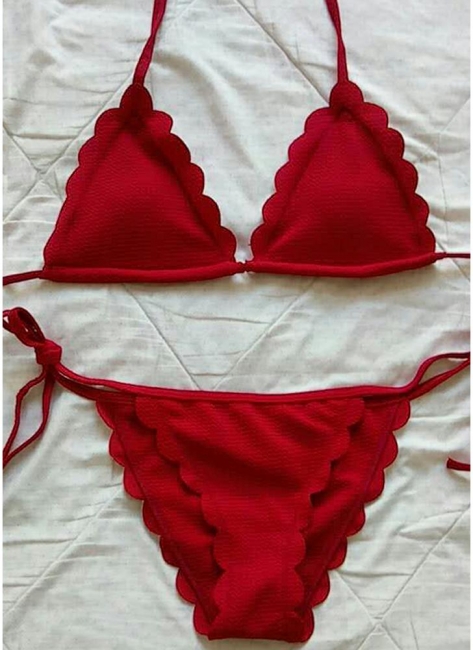 Hot Women Solid Scalloped Halter Bodycon Strappy Swimsuits UK Bikini Set UK