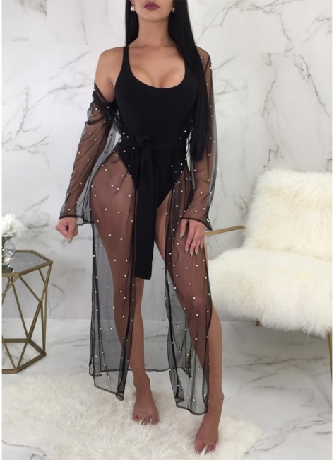 Transparent Mesh Faux Pearl Beading Sexy Open Front Long Sleeve Split Bikini UK Cover Up