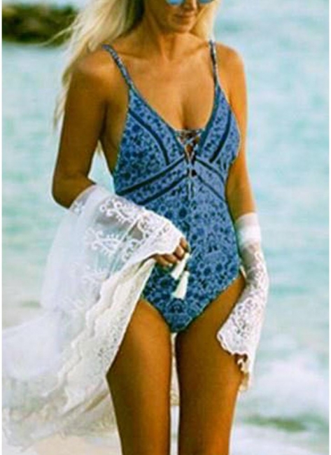 Frauen Badeanzug Badeanzug Bademode Tiefem V-Ausschnitt Lace Up Badeanzug Backless Printed Beachwear Monokini