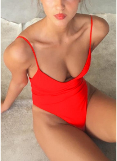Spaghetti Strap Open Back Solid Padded Swimsuits UK
