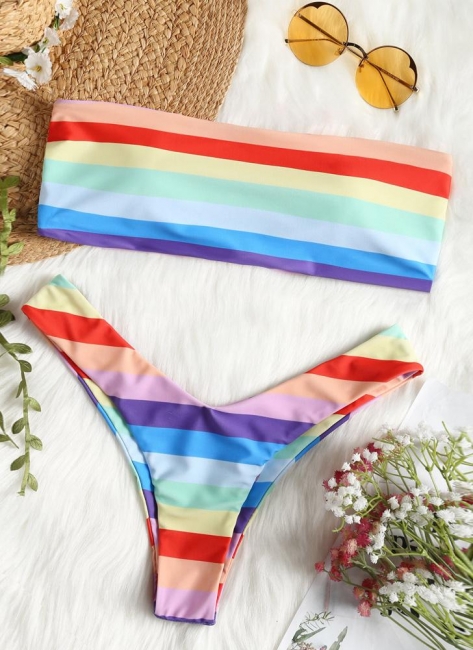 Women Summer Rainbow Striped Bikini Set UK Swimsuits UK Bathing Suit UK Beachwear Biquini Set