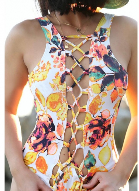 Lace Up Hollow Out Backless Printed Modern Women's Monokini