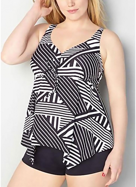 Modern Women Plus Size Striped Tankini Set Padding Shoulder Strap Beachwear Swimwear Swimsuit