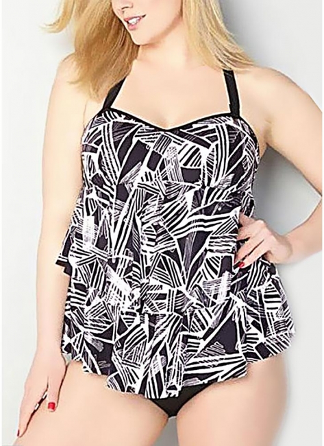 Modern Women Plus Size Tankini Set Geometric Print Shoulder Strap Beachwear Swimwear Swimsuit