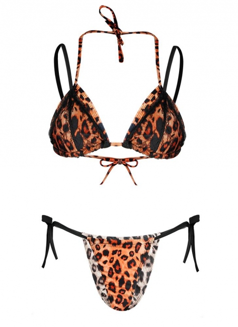 Womens Swimsuits Leopard Print Lace Halter Bandage Thong Bikini Bathing Suit Swimsuit