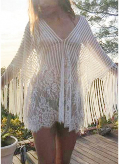 white one size Sheer Lace Tassel Kaftan Beach Cover Up