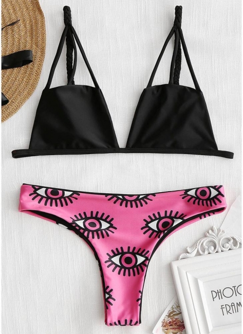 Womens Print Bikini Set Caged Strappy Top High Leg Swimsuit Beach Bathing Suit