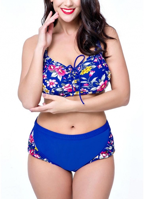 4xl Plus Size Floral Print High Waist Drawstring Front Swimsuits