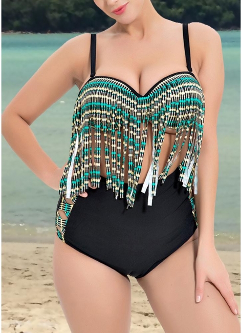 Modern Women Two Pieces Plus Size Swimsuits High Waist Fringing Front Print
