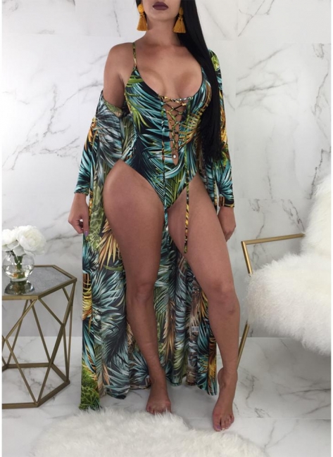 Printed Lace Up Bathing Suit UK Cover-Up