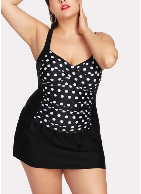 Plus Size Polka Dot Print Underwire Padded Push Up One Piece Swimsuit