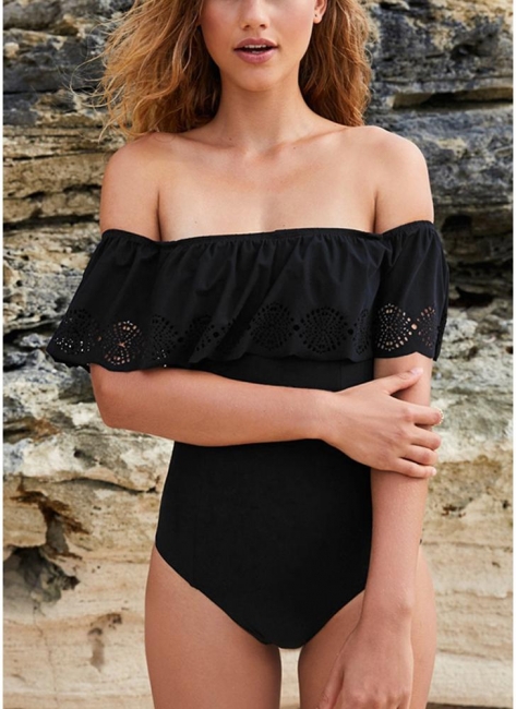 Solid Off The Shoulder Ruffle Overlay Hollow Out Push Up One Piece Swimsuit